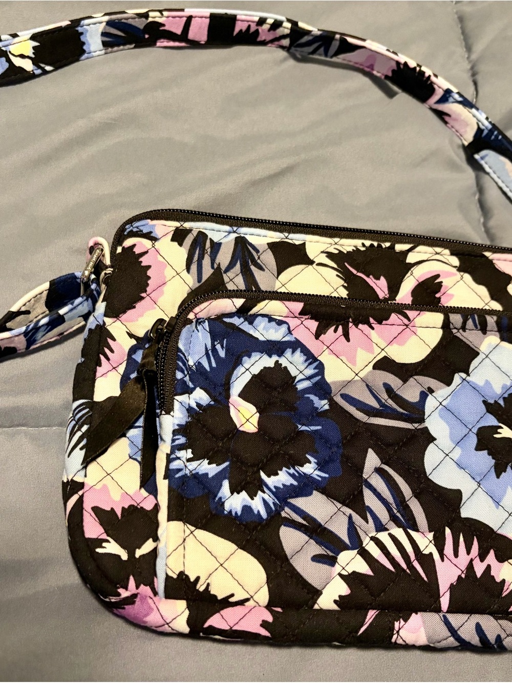 Quilted Floral Crossbody Bag in Black, Blue & Pink